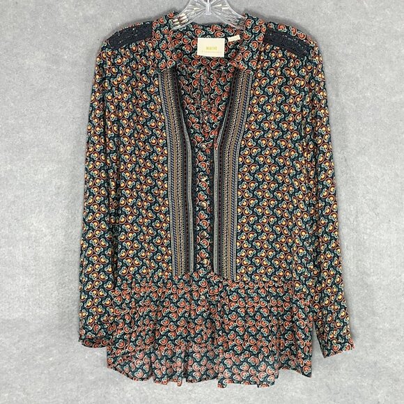 Maeve Anthropologie Top Women Sz 0 Peplum V-Neck Patchwork Button Peasant Blouse - Picture 1 of 14